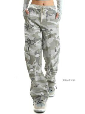 Women High Waisted Wide Leg Camo Cargo Pants Cotton Drawstring